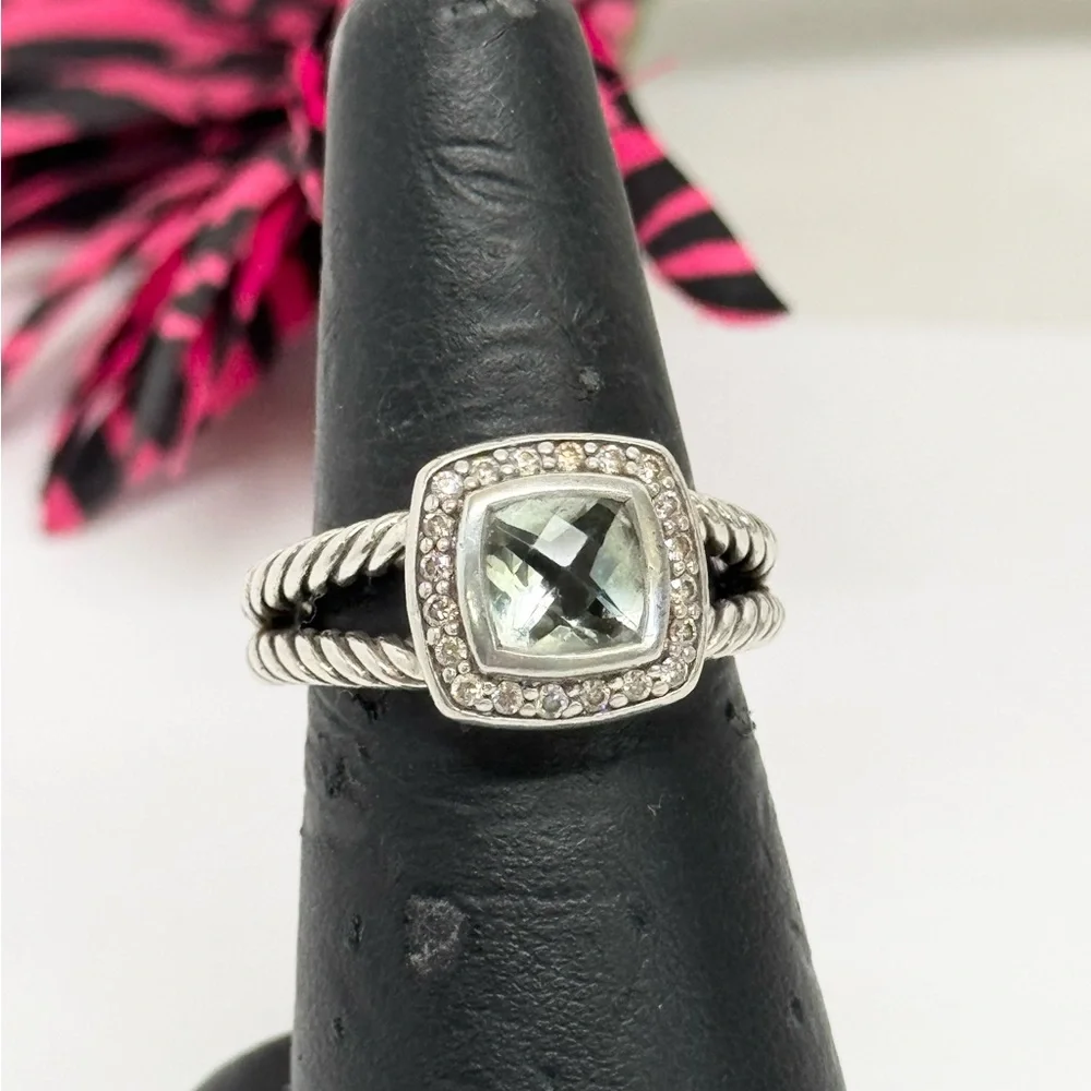 David Yurman Petite Albion Prasiolite Diamond Ring .925 Sterling Silver Sz 7